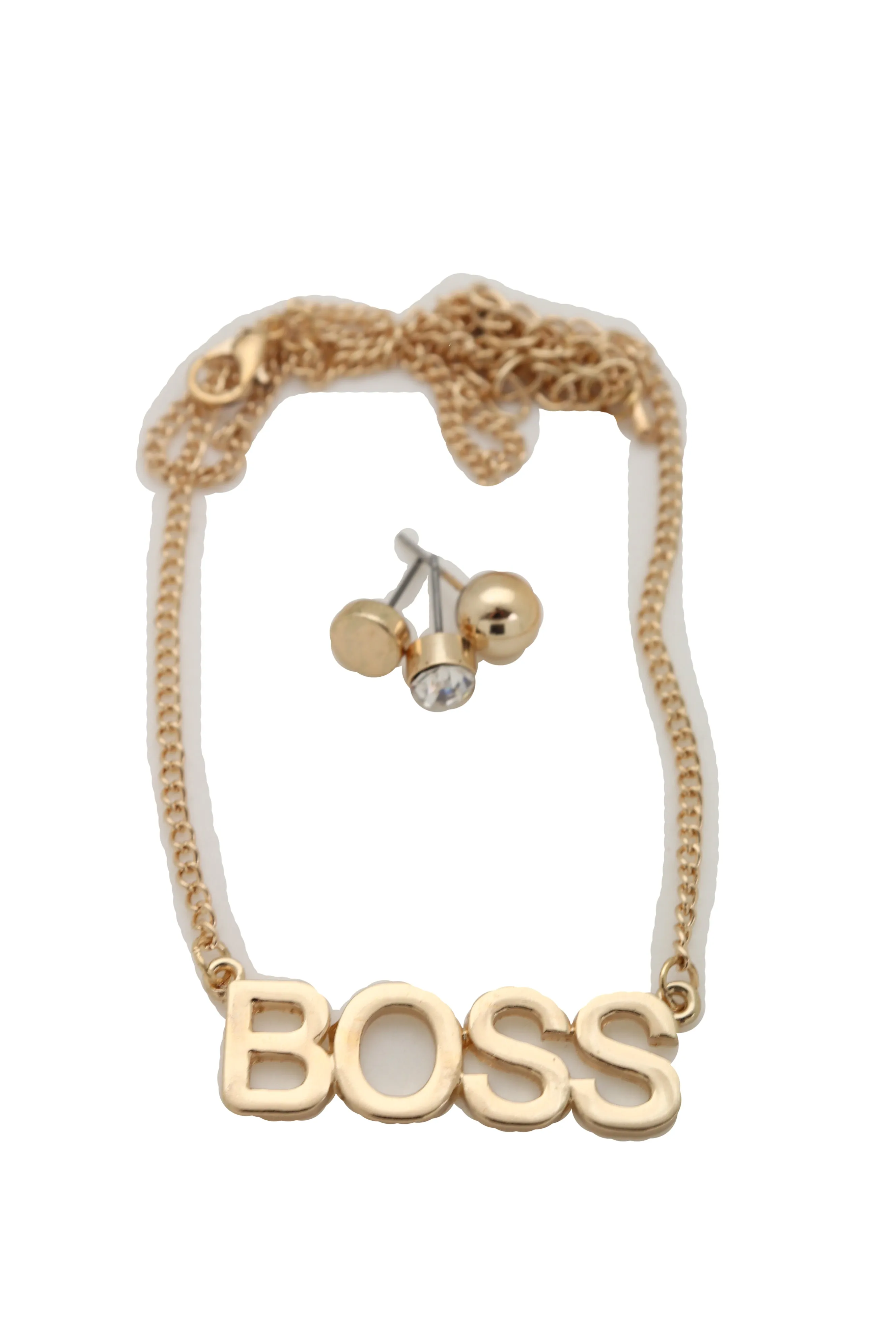 Fashion Necklace Gold Metal Chain BOSS Pendant   Set 3 Different Earring