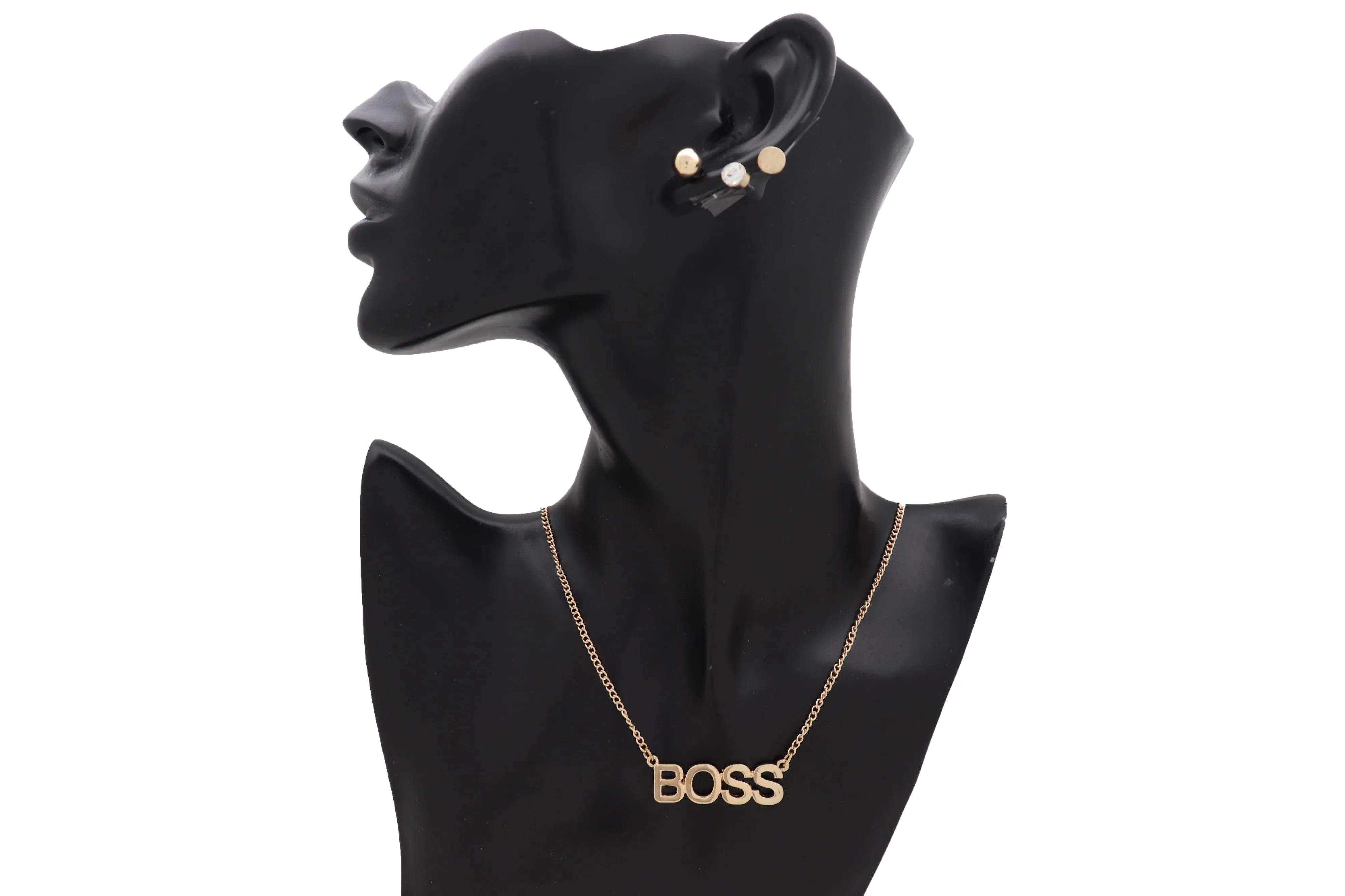 Fashion Necklace Gold Metal Chain BOSS Pendant   Set 3 Different Earring