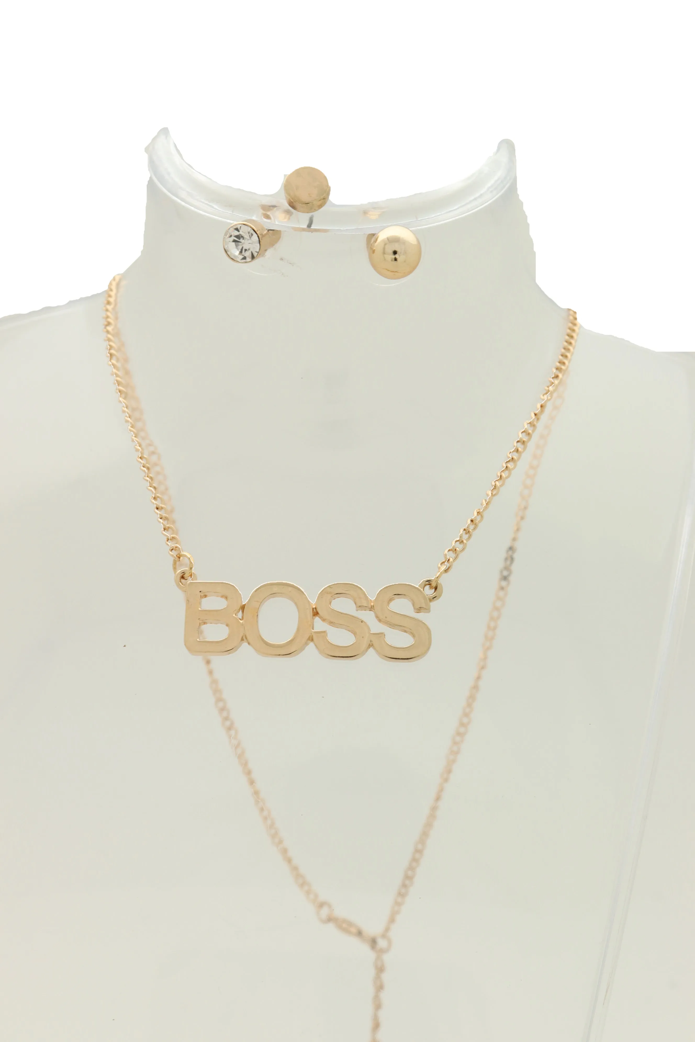 Fashion Necklace Gold Metal Chain BOSS Pendant   Set 3 Different Earring