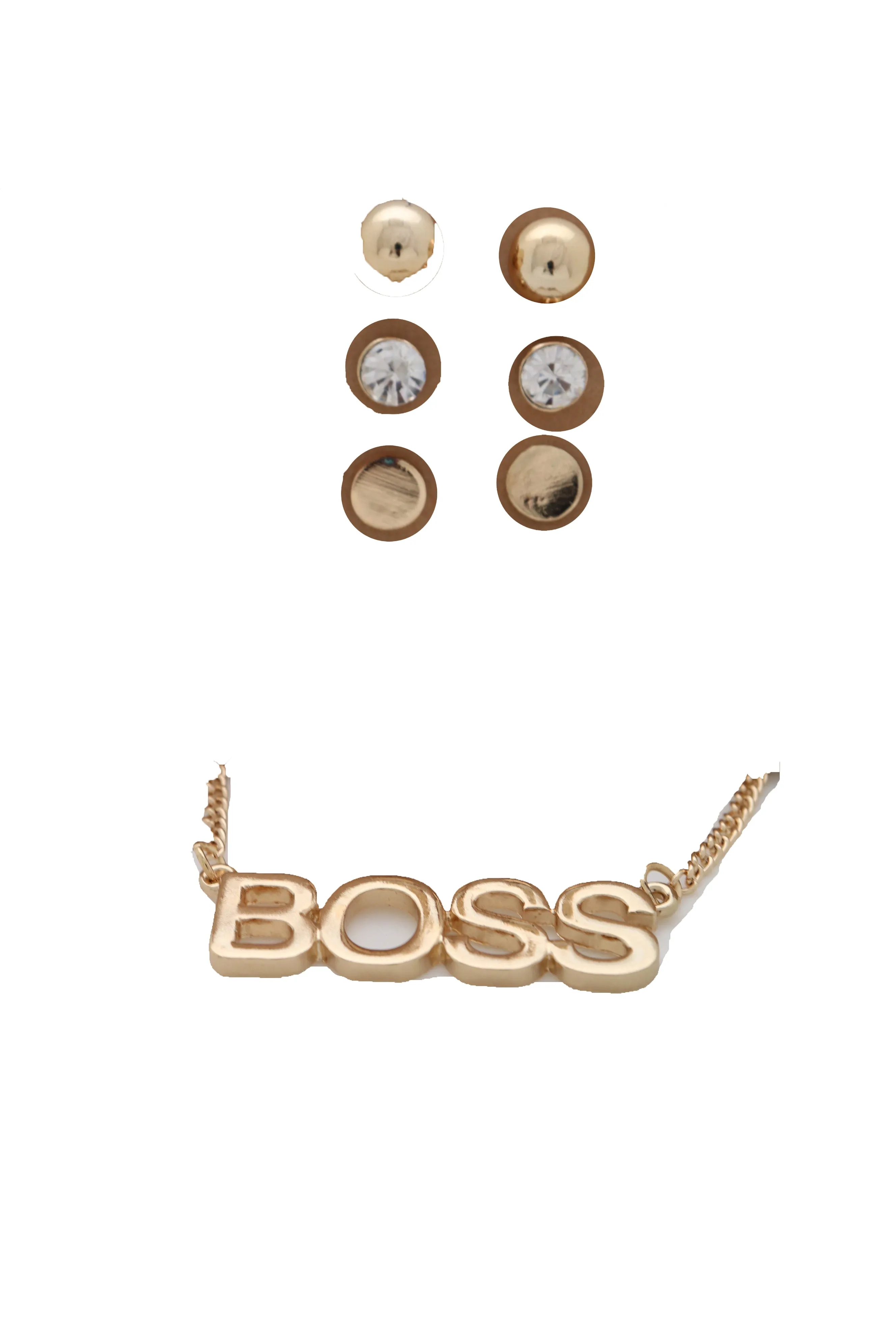 Fashion Necklace Gold Metal Chain BOSS Pendant   Set 3 Different Earring