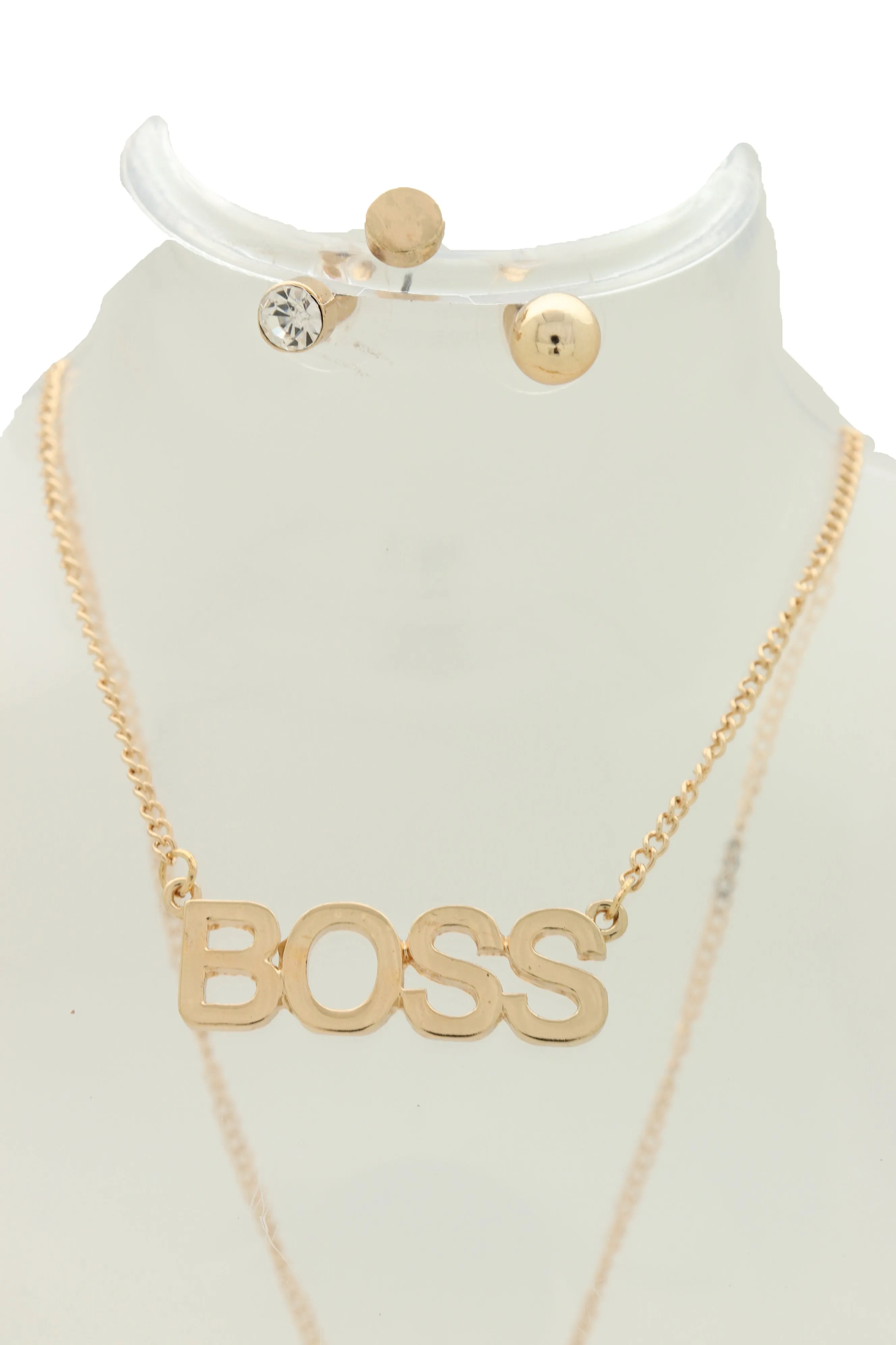 Fashion Necklace Gold Metal Chain BOSS Pendant   Set 3 Different Earring