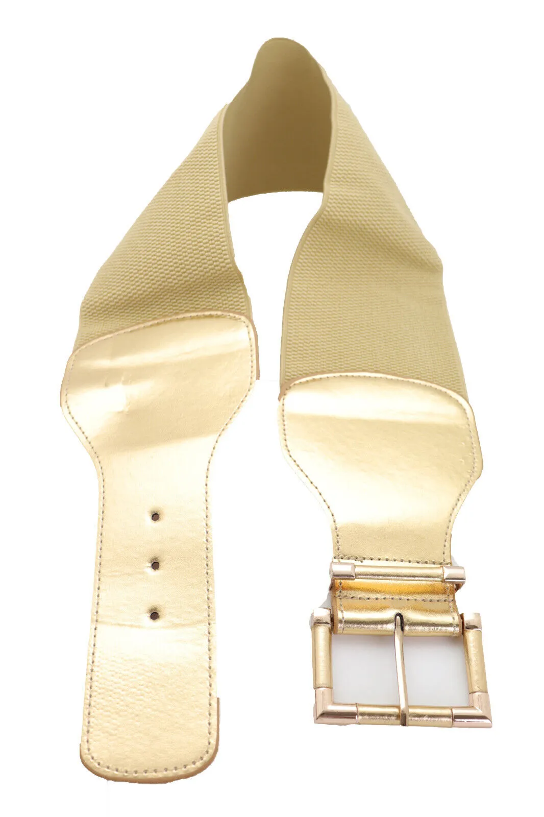 Faux Leather Elastic Waist Gold Square Buckle Belt Size S M