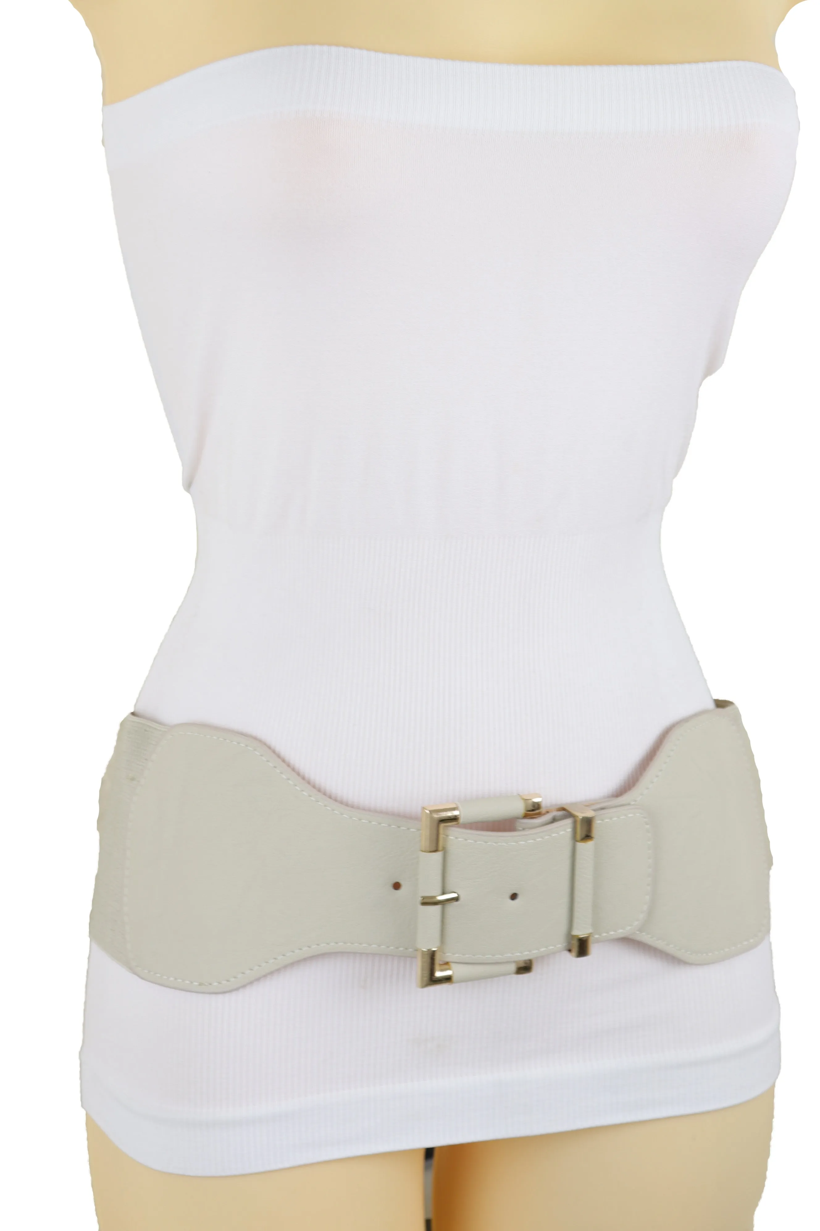 Faux Leather Elastic Waist Gold Square Buckle Belt Size S M