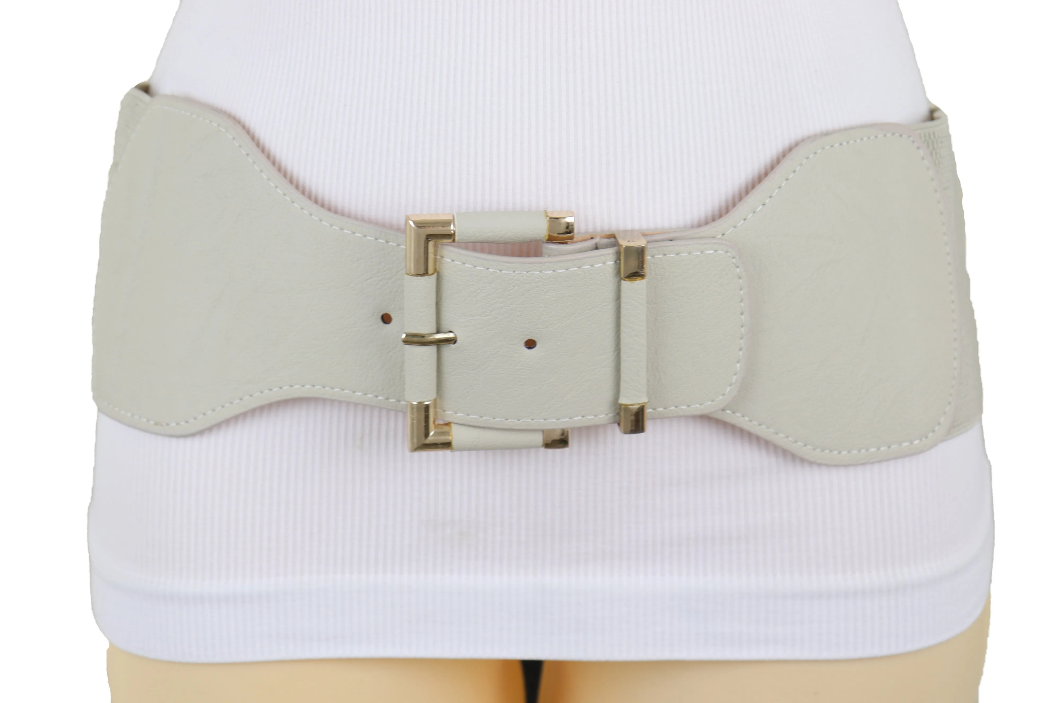 Faux Leather Elastic Waist Gold Square Buckle Belt Size S M