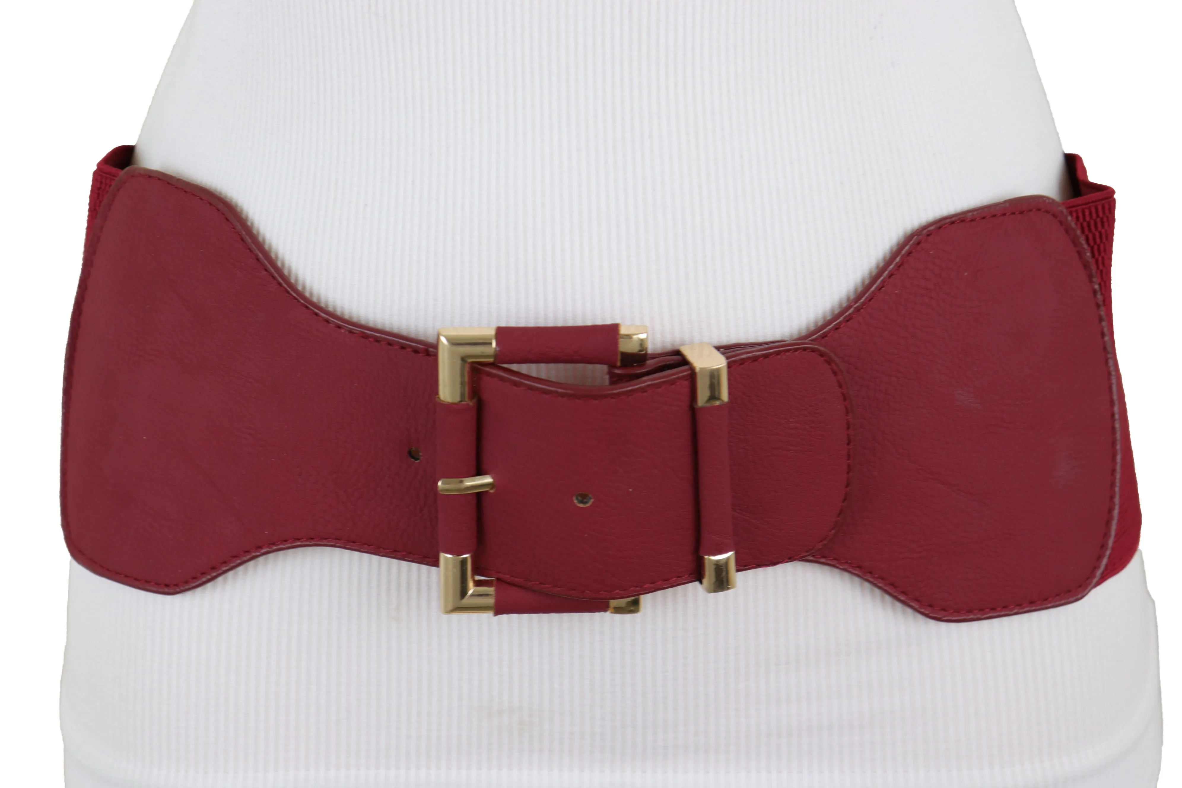 Faux Leather Elastic Waist Gold Square Buckle Belt Size S M