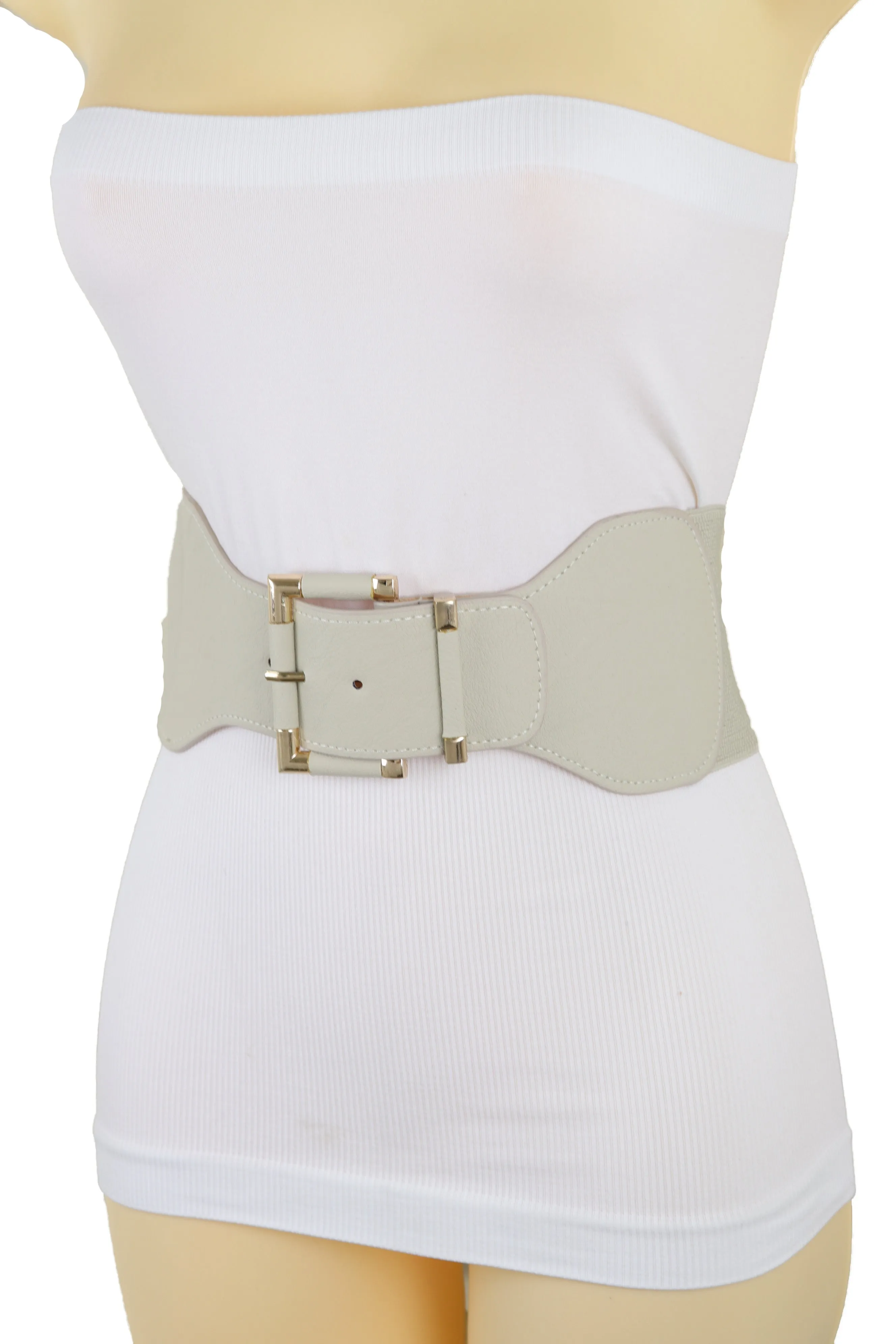 Faux Leather Elastic Waist Gold Square Buckle Belt Size S M