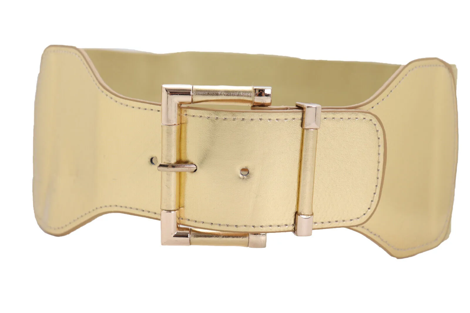 Faux Leather Elastic Waist Gold Square Buckle Belt Size S M