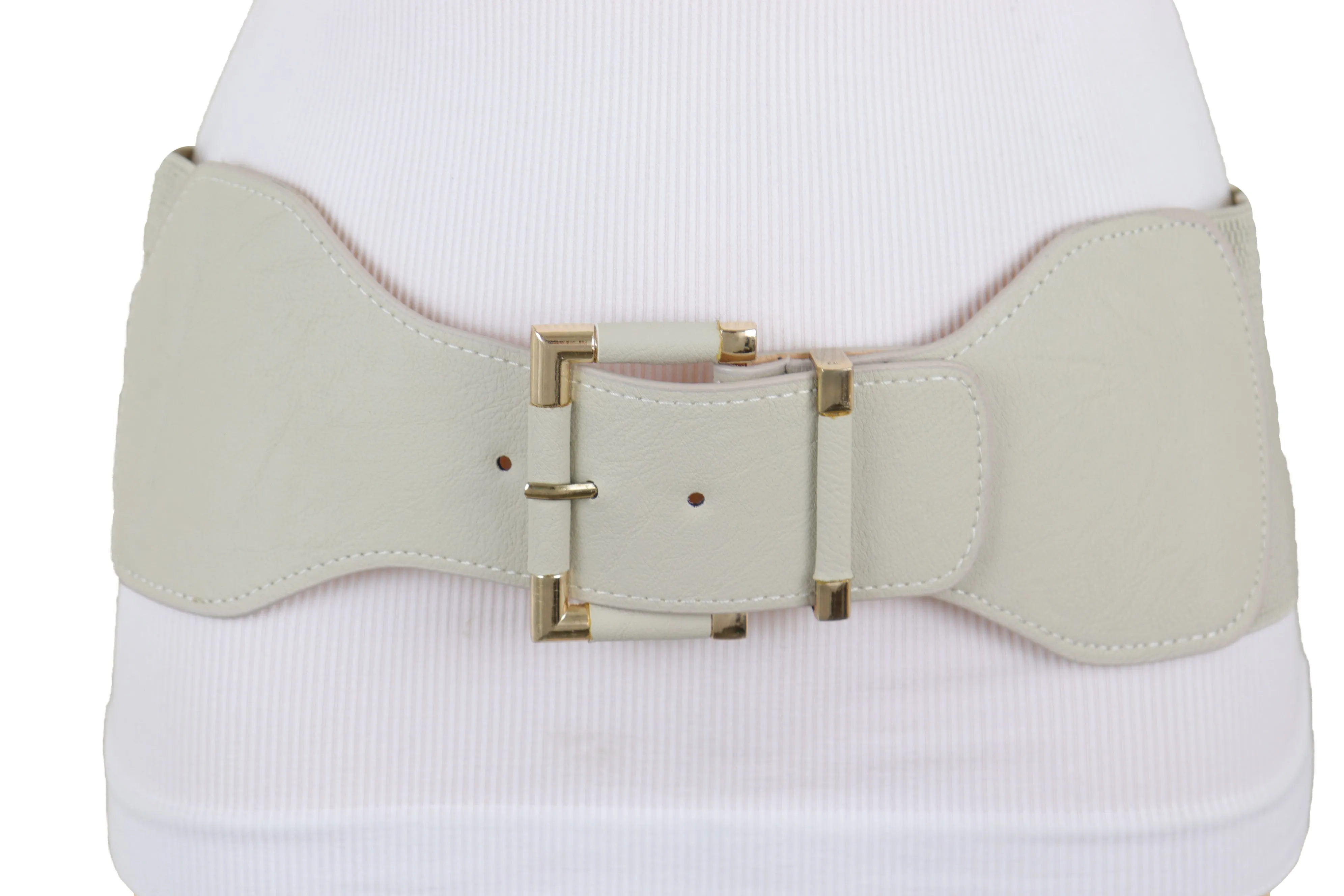 Faux Leather Elastic Waist Gold Square Buckle Belt Size S M