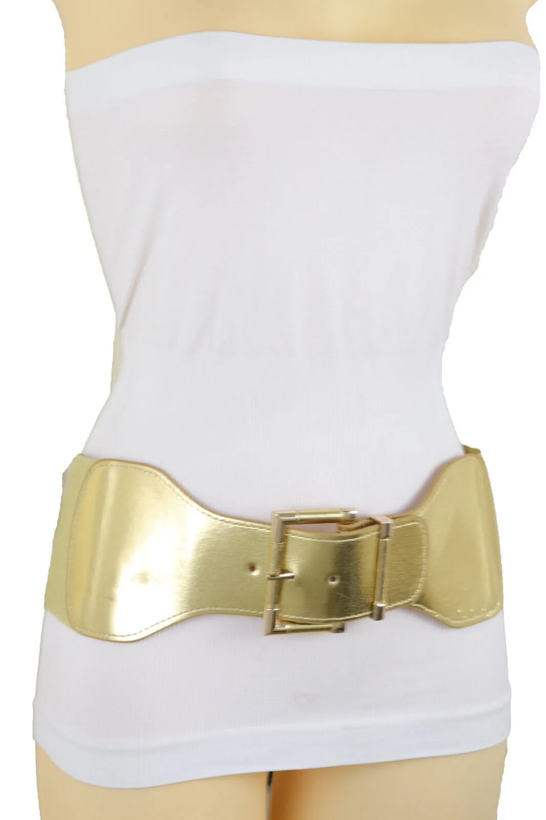 Faux Leather Elastic Waist Gold Square Buckle Belt Size S M