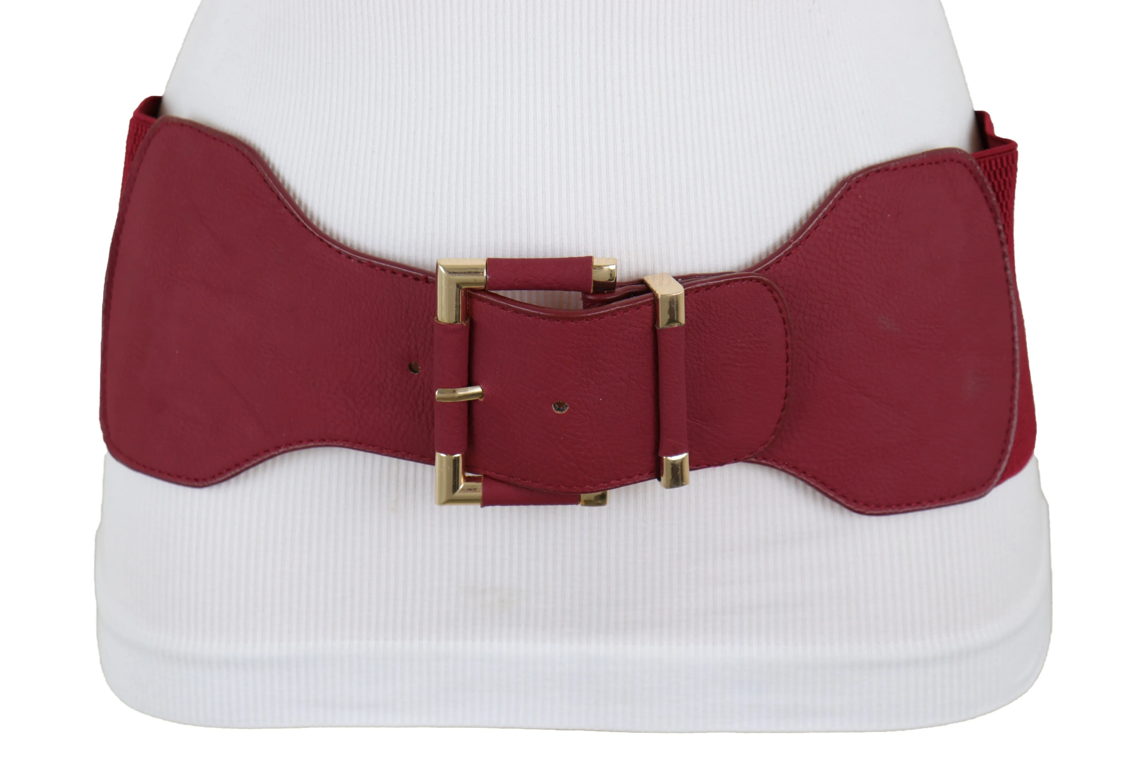 Faux Leather Elastic Waist Gold Square Buckle Belt Size S M