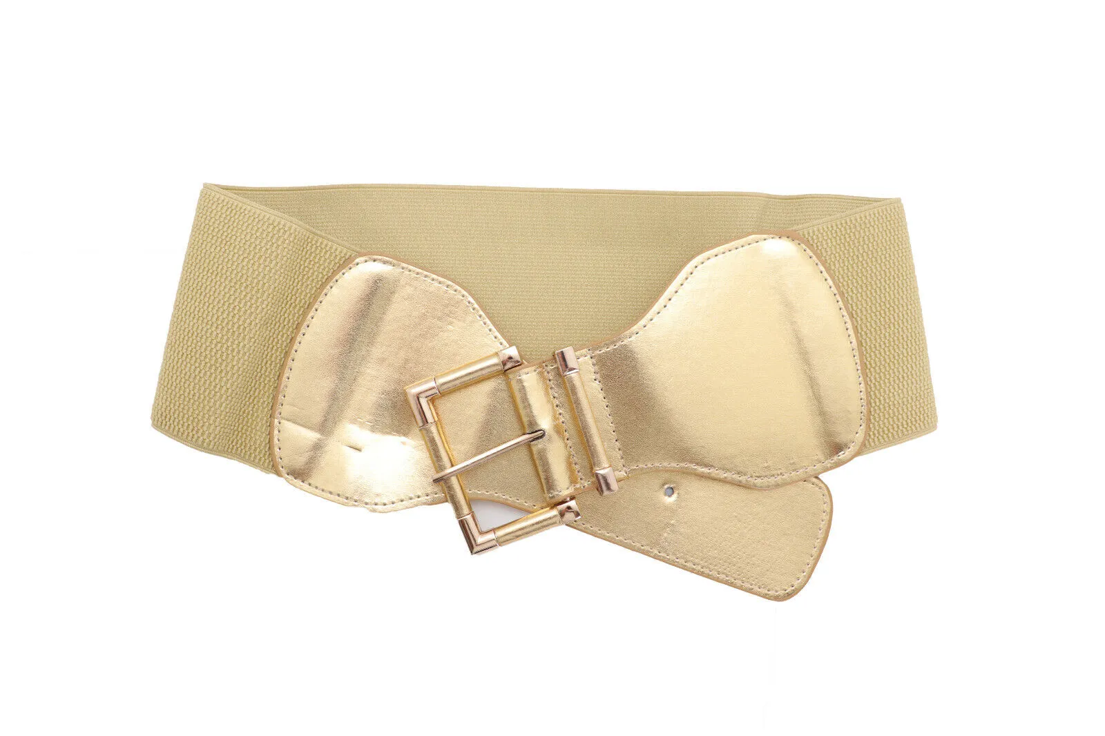 Faux Leather Elastic Waist Gold Square Buckle Belt Size S M