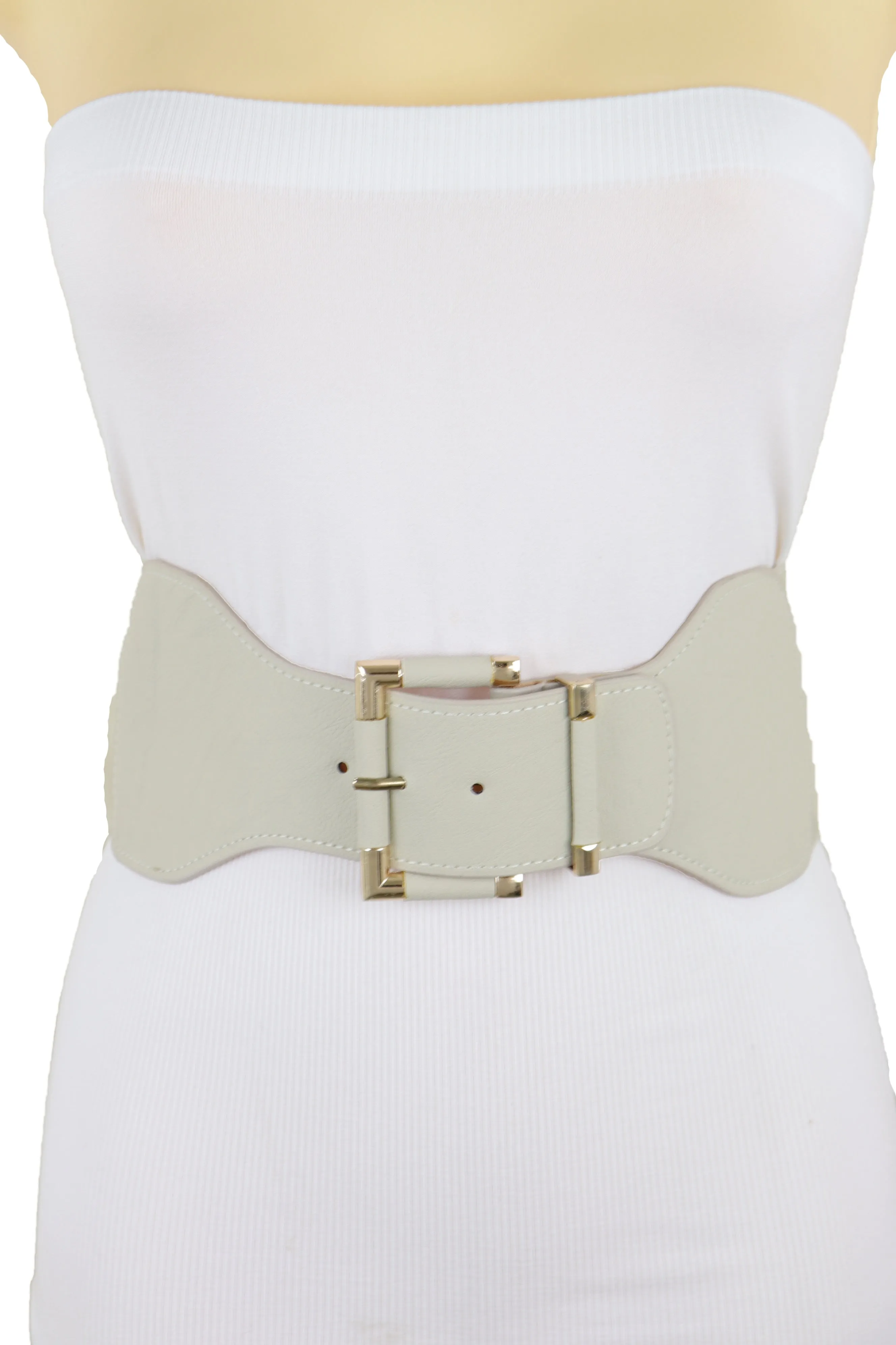 Faux Leather Elastic Waist Gold Square Buckle Belt Size S M