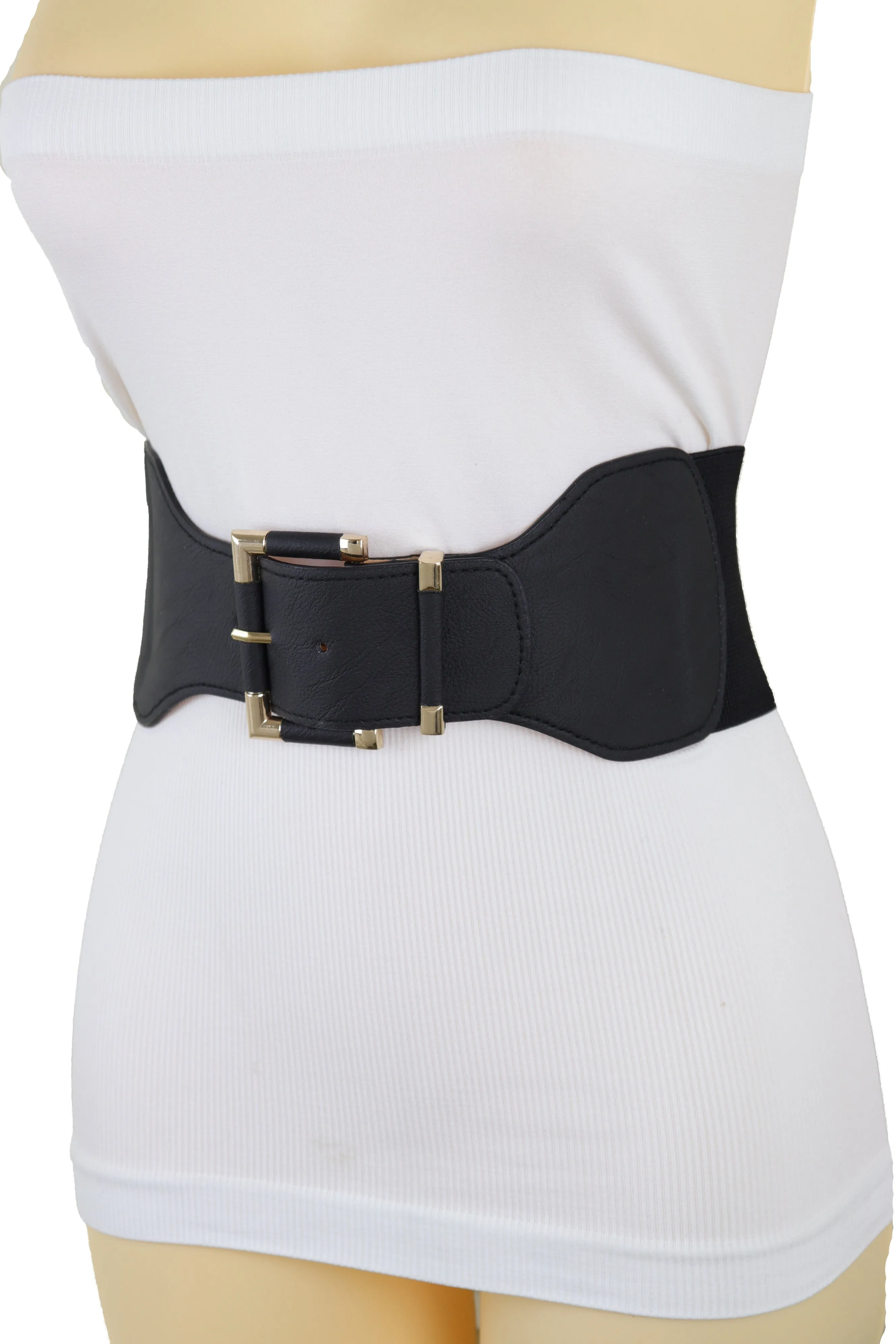 Faux Leather Elastic Waist Gold Square Buckle Belt Size S M