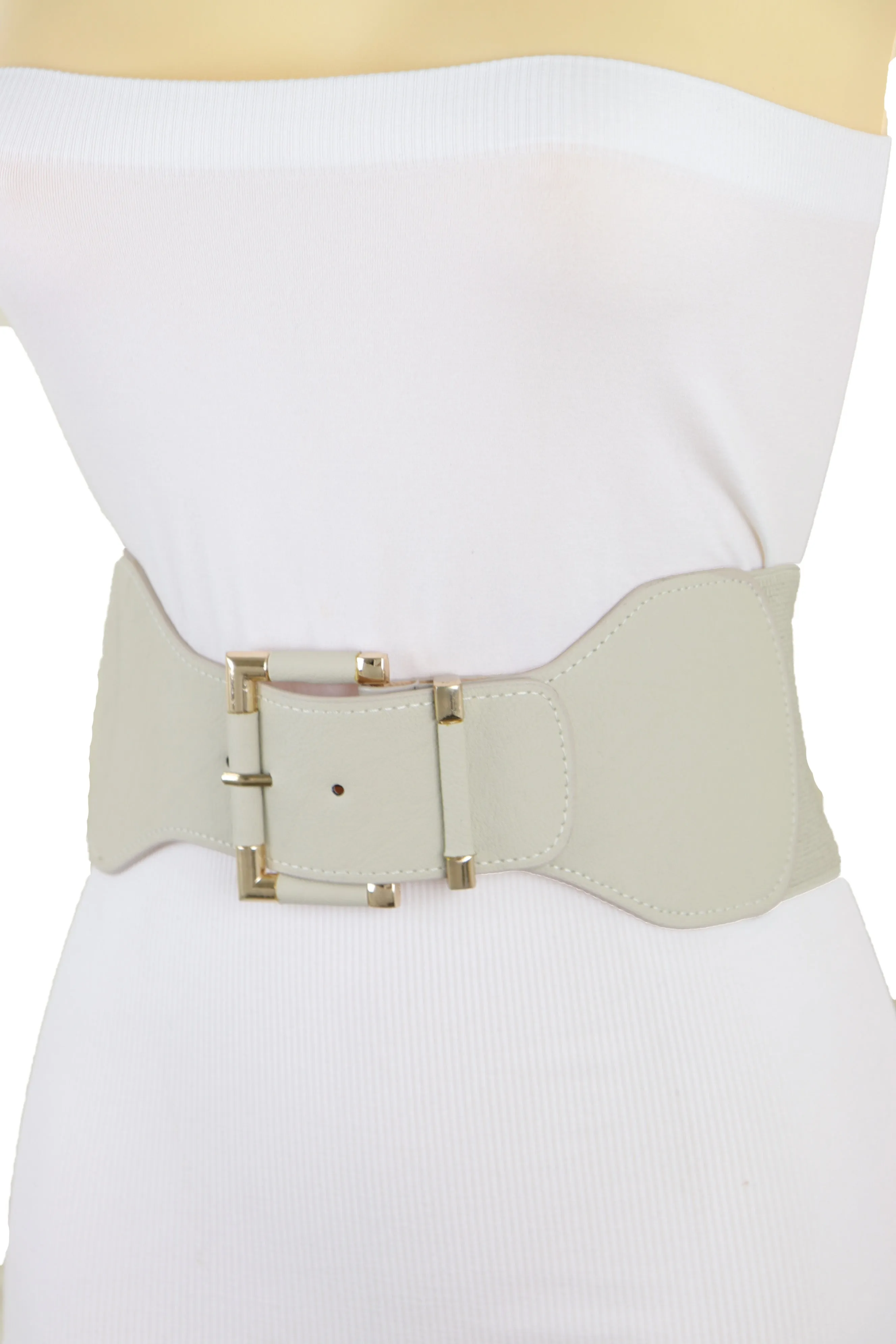 Faux Leather Elastic Waist Gold Square Buckle Belt Size S M