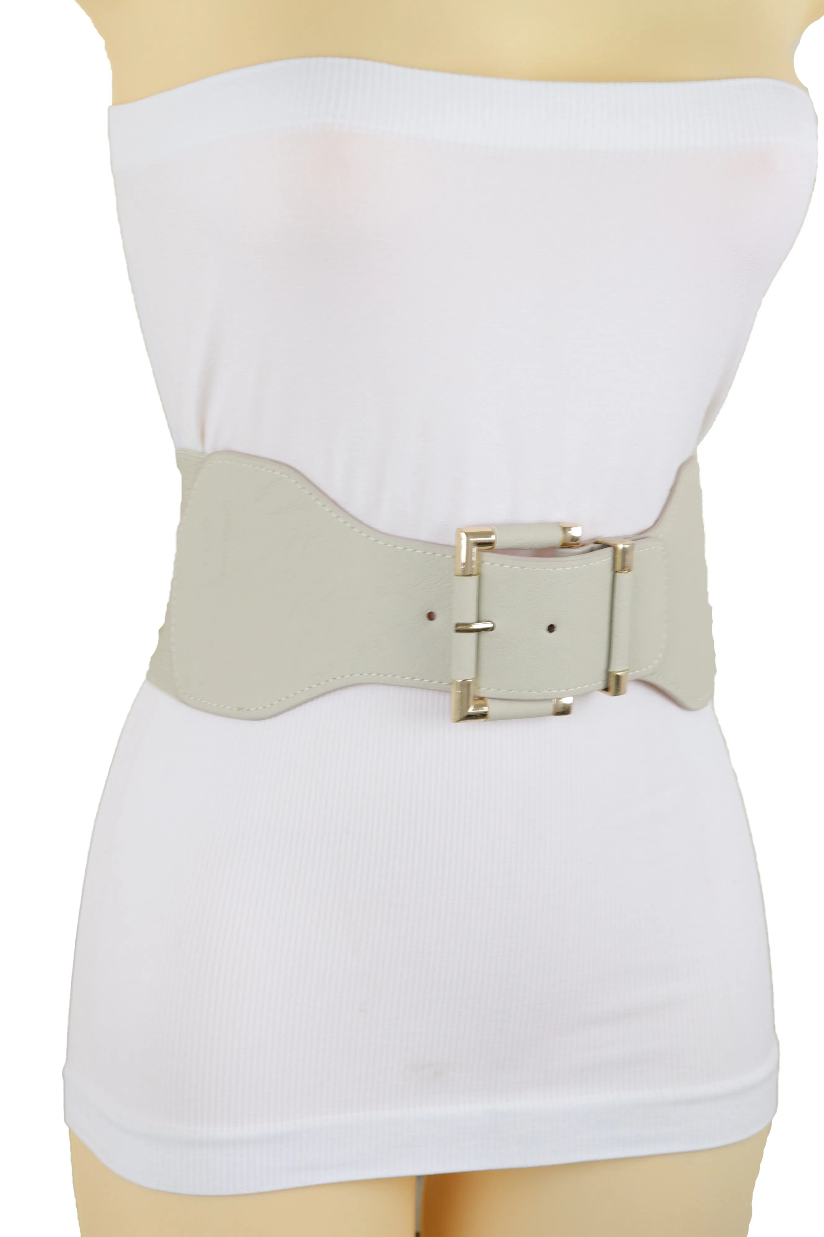 Faux Leather Elastic Waist Gold Square Buckle Belt Size S M