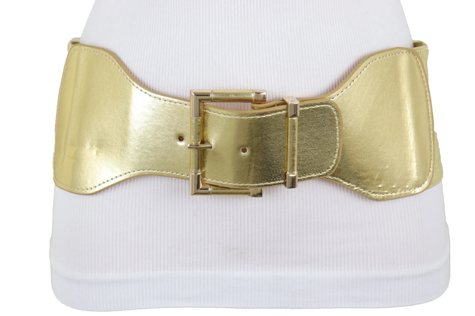 Faux Leather Elastic Waist Gold Square Buckle Belt Size S M