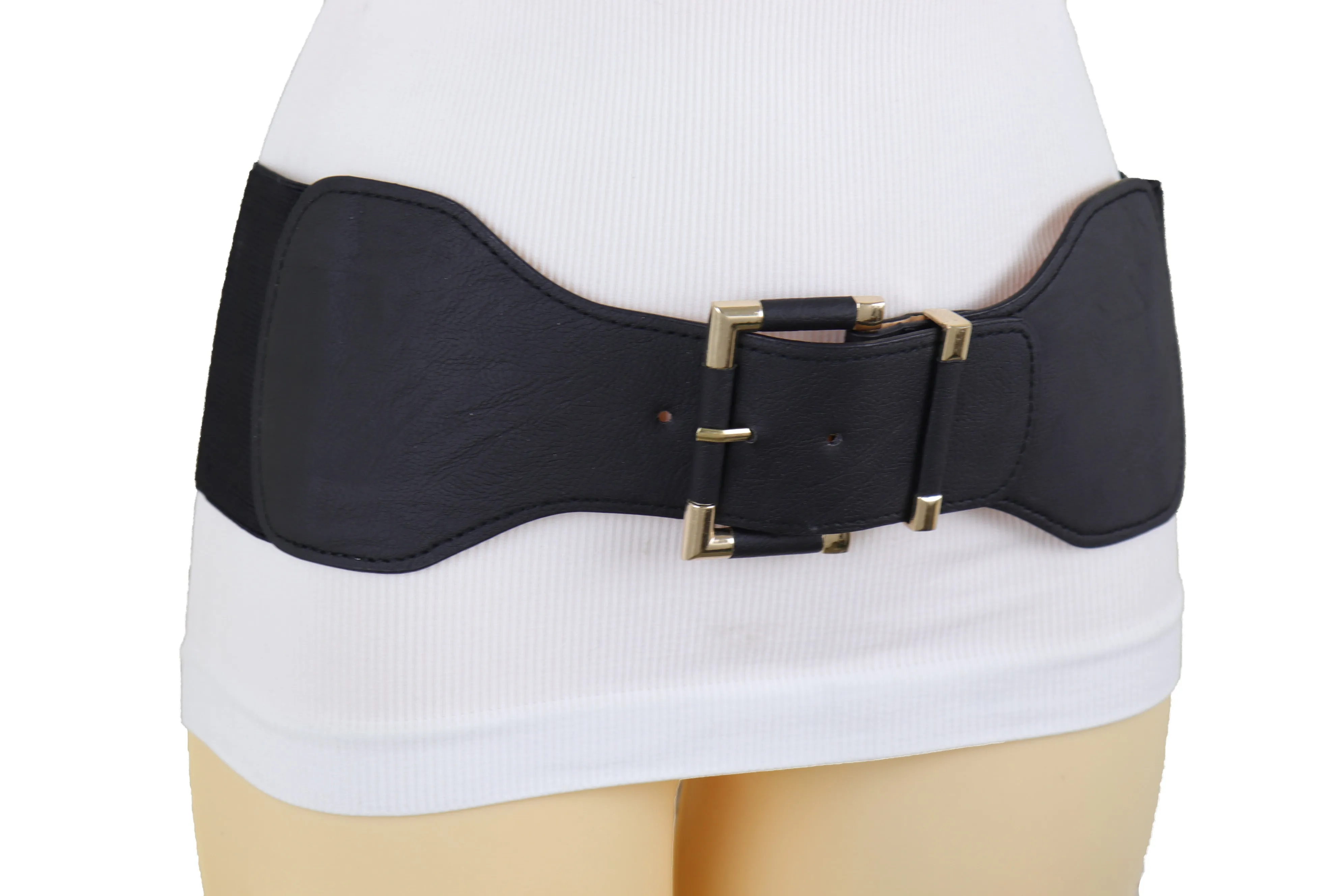 Faux Leather Elastic Waist Gold Square Buckle Belt Size S M