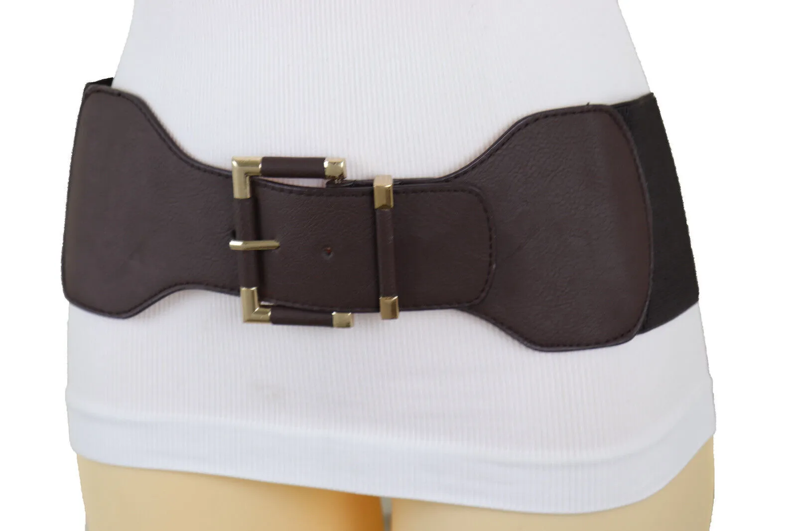 Faux Leather Elastic Waist Gold Square Buckle Belt Size S M