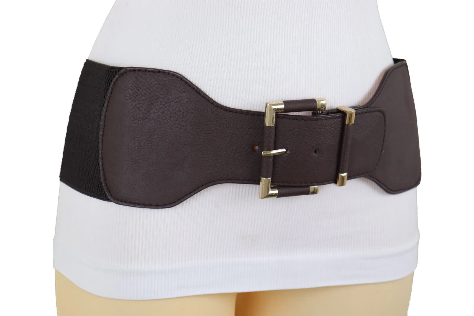 Faux Leather Elastic Waist Gold Square Buckle Belt Size S M