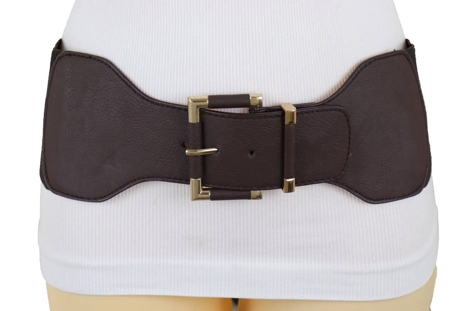 Faux Leather Elastic Waist Gold Square Buckle Belt Size S M