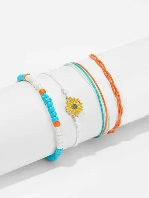 Flower & Layered Strings Anklet 4pcs