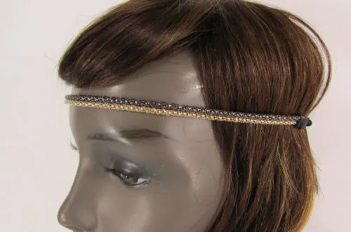 Gold Gunmetal Mesh Metal Head Band Chain Elastic Black Band