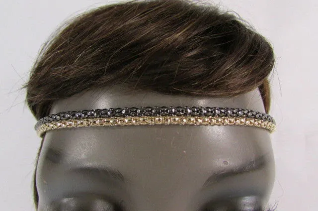 Gold Gunmetal Mesh Metal Head Band Chain Elastic Black Band