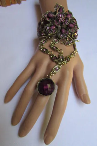 Gold Hand Chain Cuff Bracelet Big Round Ring Big Pink Red Brown Purple Black Flower Beads