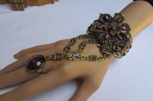 Gold Hand Chain Cuff Bracelet Big Round Ring Big Pink Red Brown Purple Black Flower Beads