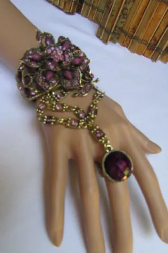 Gold Hand Chain Cuff Bracelet Big Round Ring Big Pink Red Brown Purple Black Flower Beads