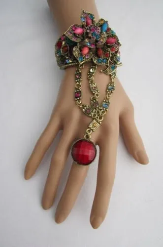 Gold Hand Chain Cuff Bracelet Big Round Ring Big Pink Red Brown Purple Black Flower Beads