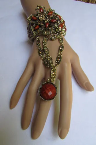 Gold Hand Chain Cuff Bracelet Big Round Ring Big Pink Red Brown Purple Black Flower Beads