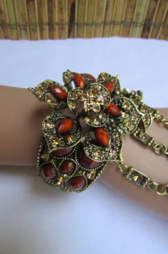 Gold Hand Chain Cuff Bracelet Big Round Ring Big Pink Red Brown Purple Black Flower Beads