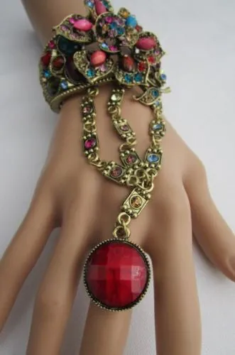 Gold Hand Chain Cuff Bracelet Big Round Ring Big Pink Red Brown Purple Black Flower Beads