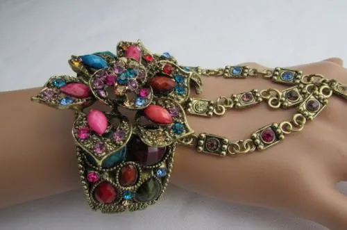 Gold Hand Chain Cuff Bracelet Big Round Ring Big Pink Red Brown Purple Black Flower Beads