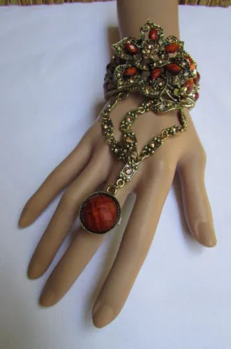 Gold Hand Chain Cuff Bracelet Big Round Ring Big Pink Red Brown Purple Black Flower Beads