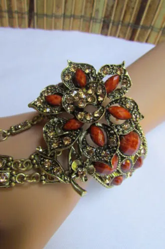 Gold Hand Chain Cuff Bracelet Big Round Ring Big Pink Red Brown Purple Black Flower Beads