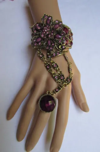 Gold Hand Chain Cuff Bracelet Big Round Ring Big Pink Red Brown Purple Black Flower Beads