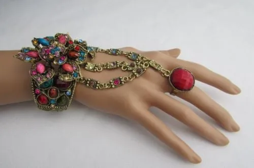 Gold Hand Chain Cuff Bracelet Big Round Ring Big Pink Red Brown Purple Black Flower Beads