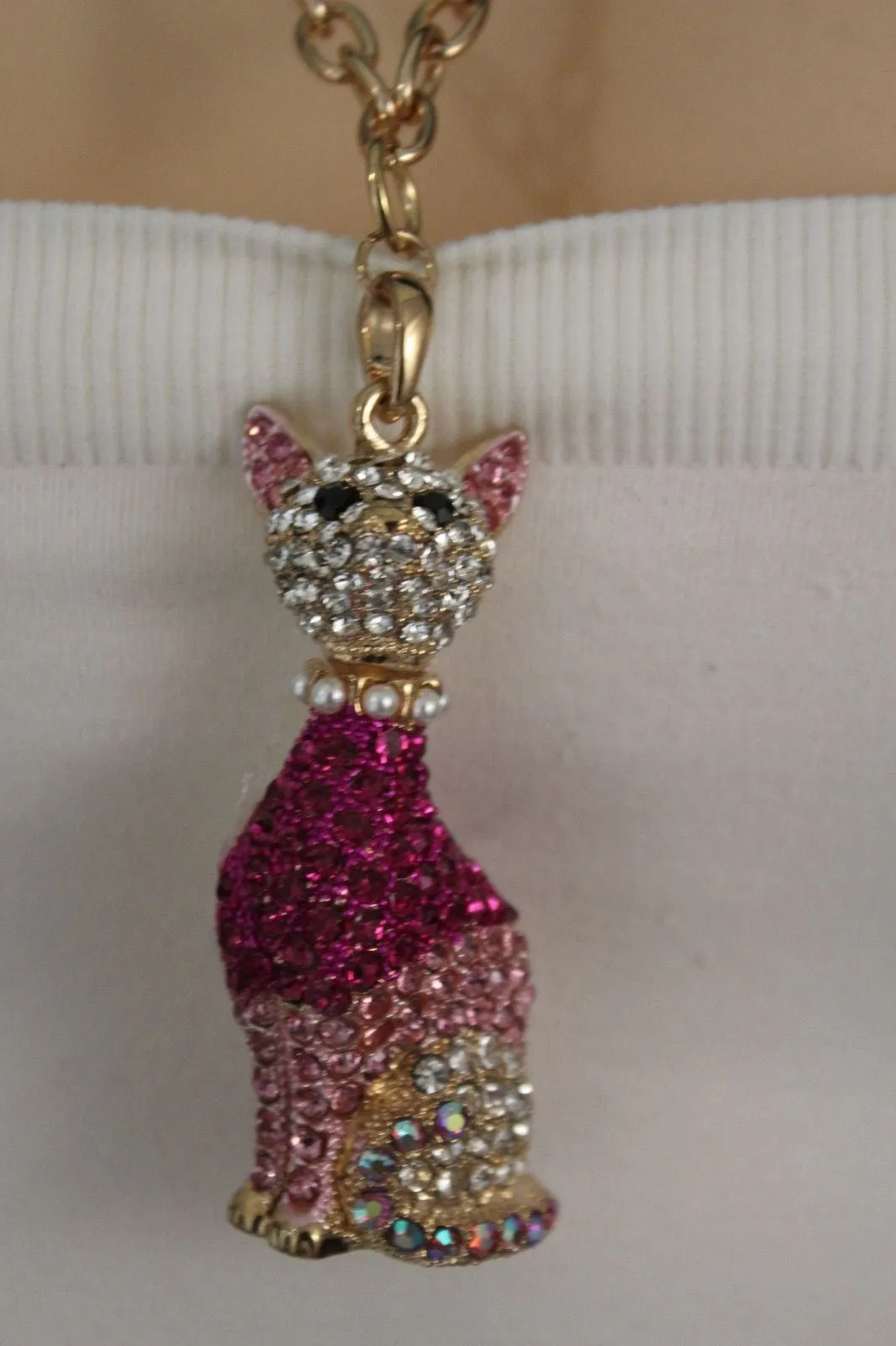 Gold Metal Chain Cute Pink House Cat Multi Rhinestones Pendant Long Necklace