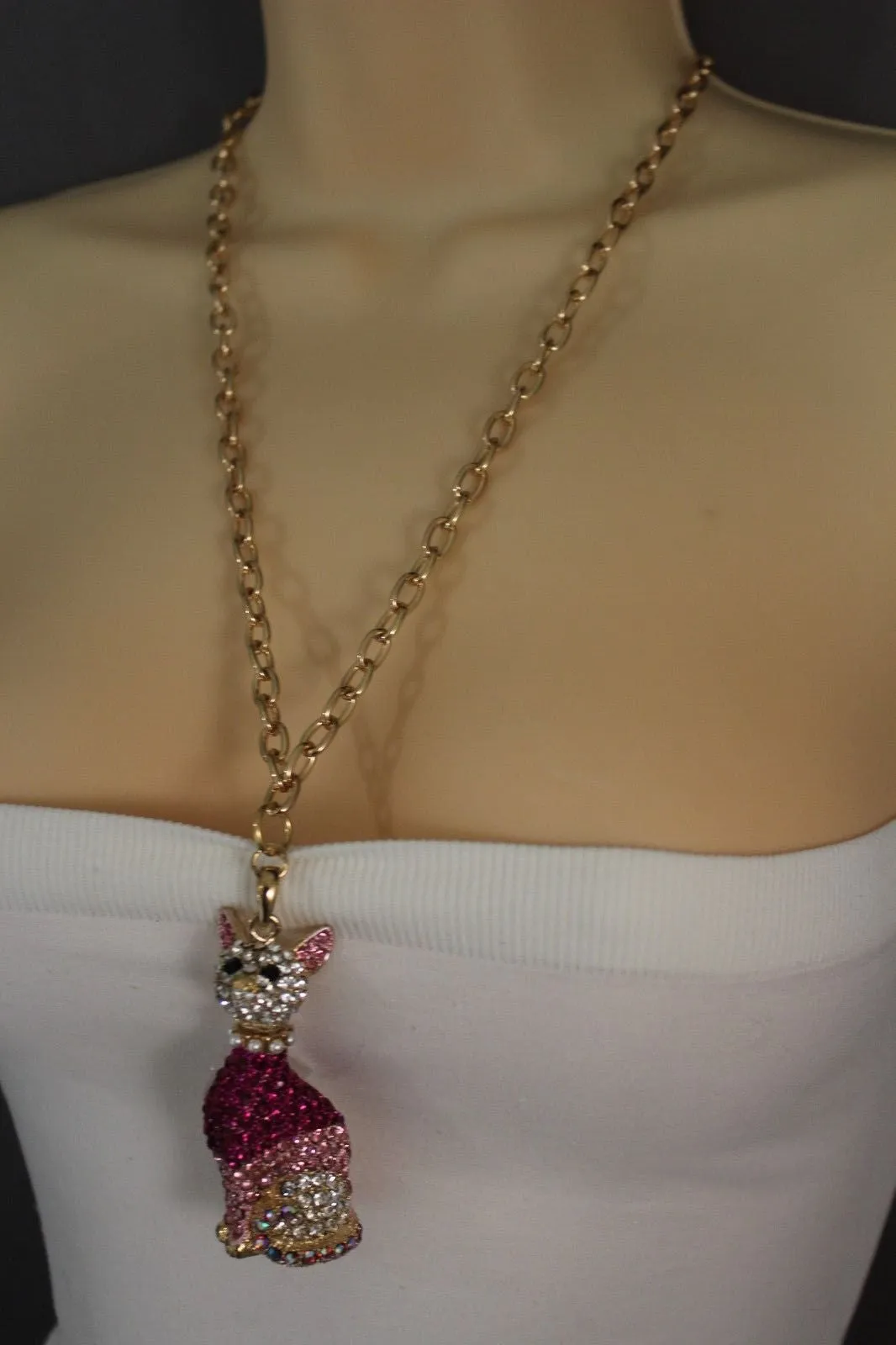 Gold Metal Chain Cute Pink House Cat Multi Rhinestones Pendant Long Necklace