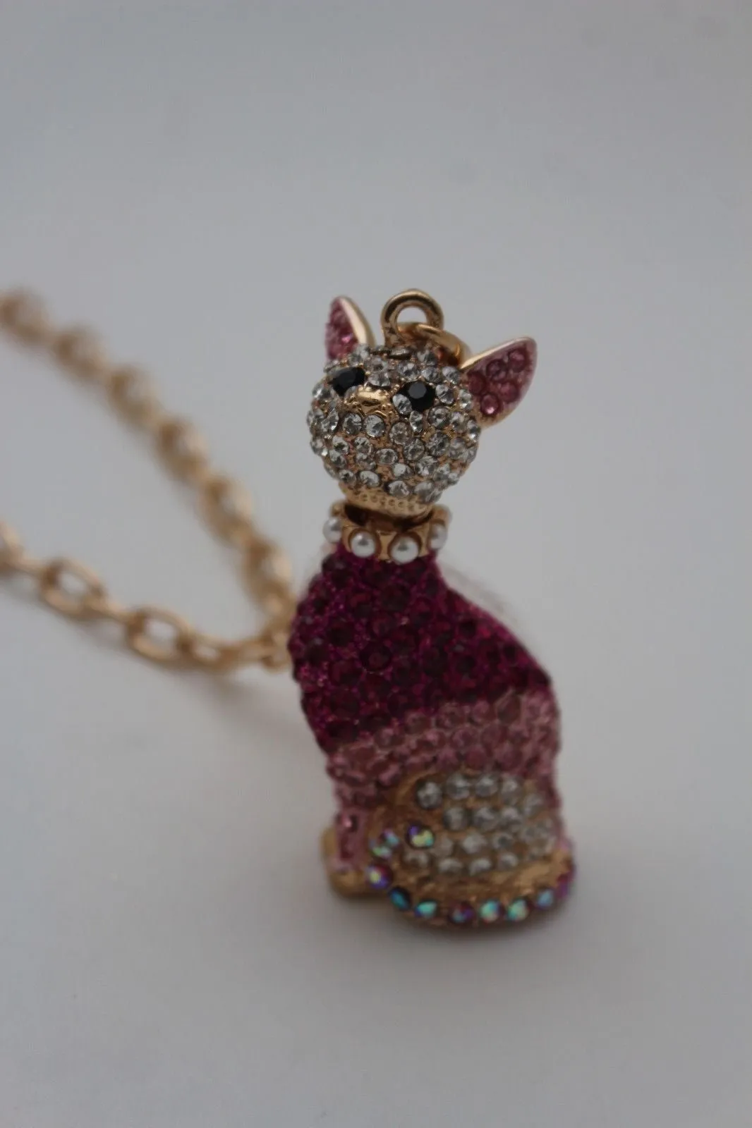 Gold Metal Chain Cute Pink House Cat Multi Rhinestones Pendant Long Necklace