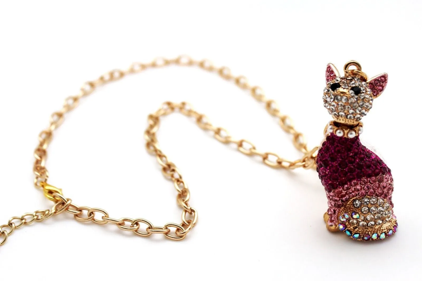 Gold Metal Chain Cute Pink House Cat Multi Rhinestones Pendant Long Necklace