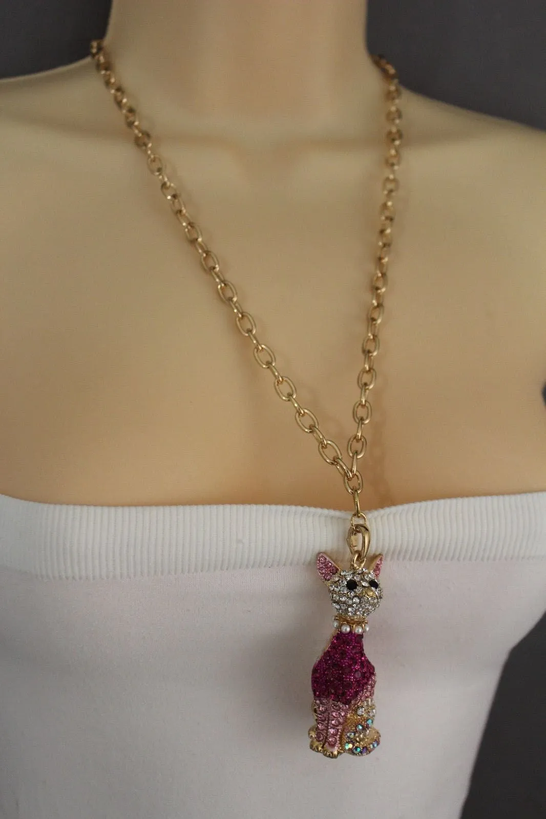 Gold Metal Chain Cute Pink House Cat Multi Rhinestones Pendant Long Necklace