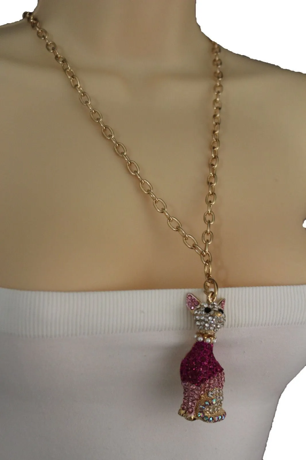 Gold Metal Chain Cute Pink House Cat Multi Rhinestones Pendant Long Necklace