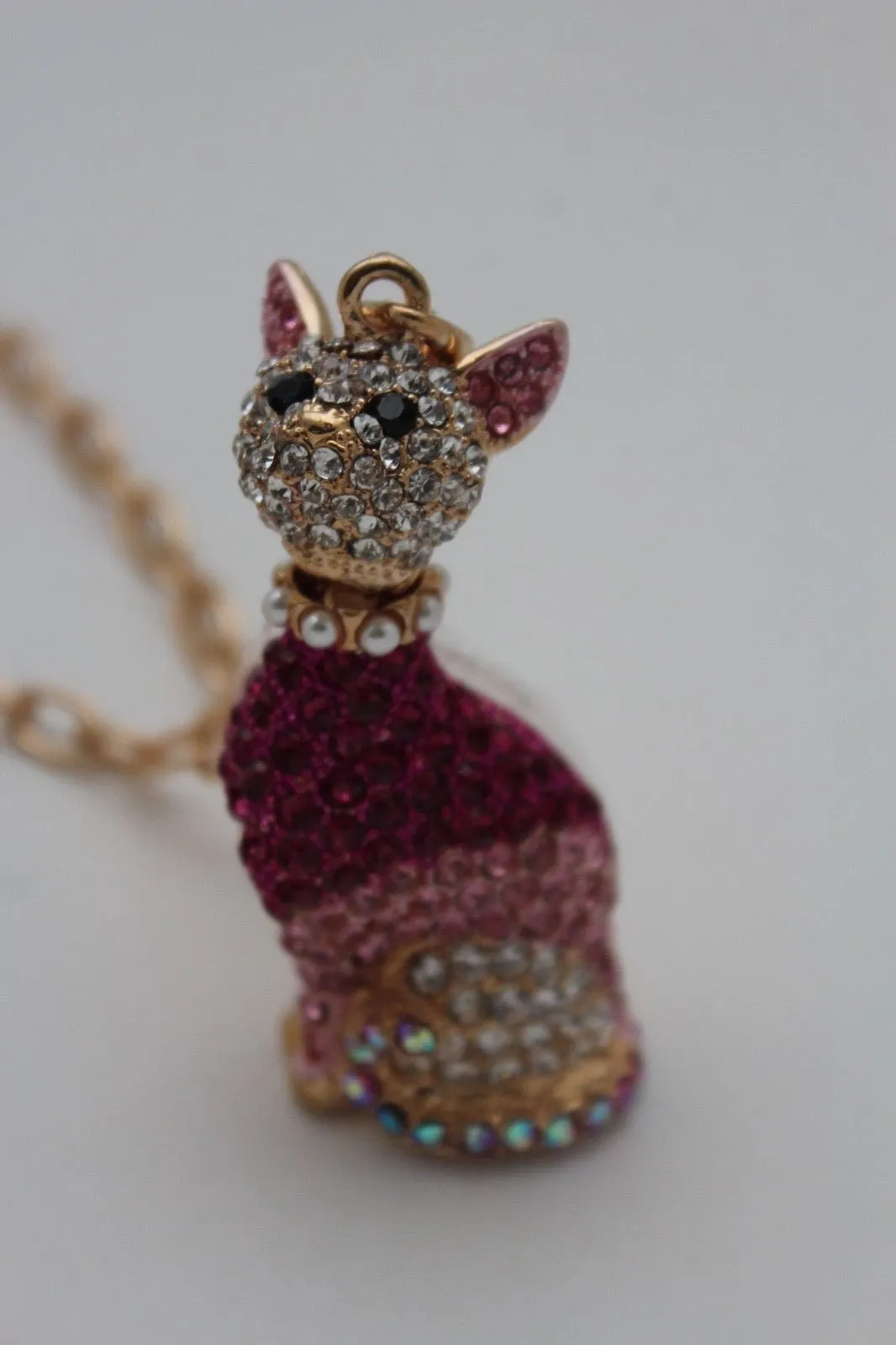 Gold Metal Chain Cute Pink House Cat Multi Rhinestones Pendant Long Necklace