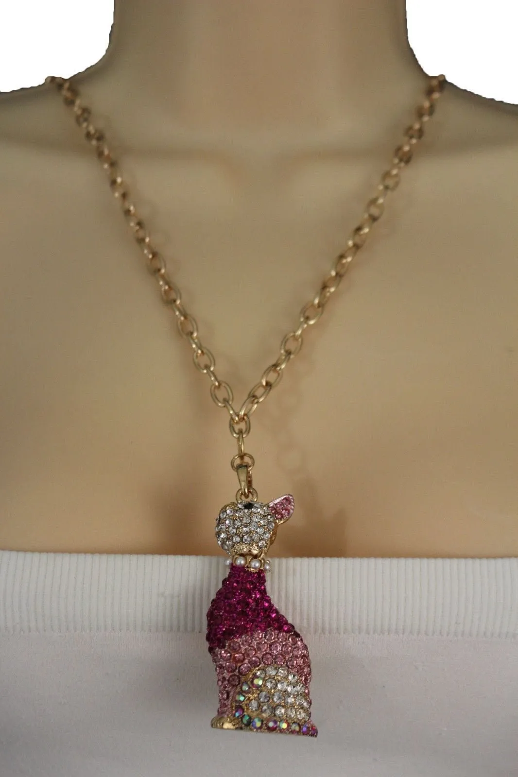 Gold Metal Chain Cute Pink House Cat Multi Rhinestones Pendant Long Necklace