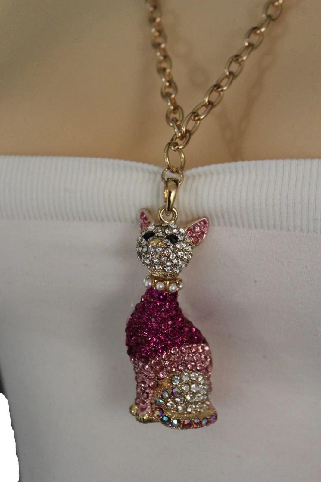 Gold Metal Chain Cute Pink House Cat Multi Rhinestones Pendant Long Necklace