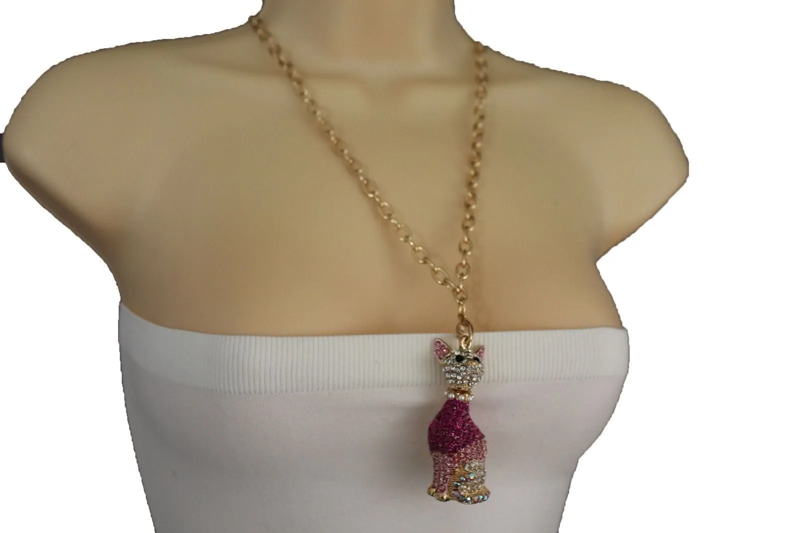 Gold Metal Chain Cute Pink House Cat Multi Rhinestones Pendant Long Necklace