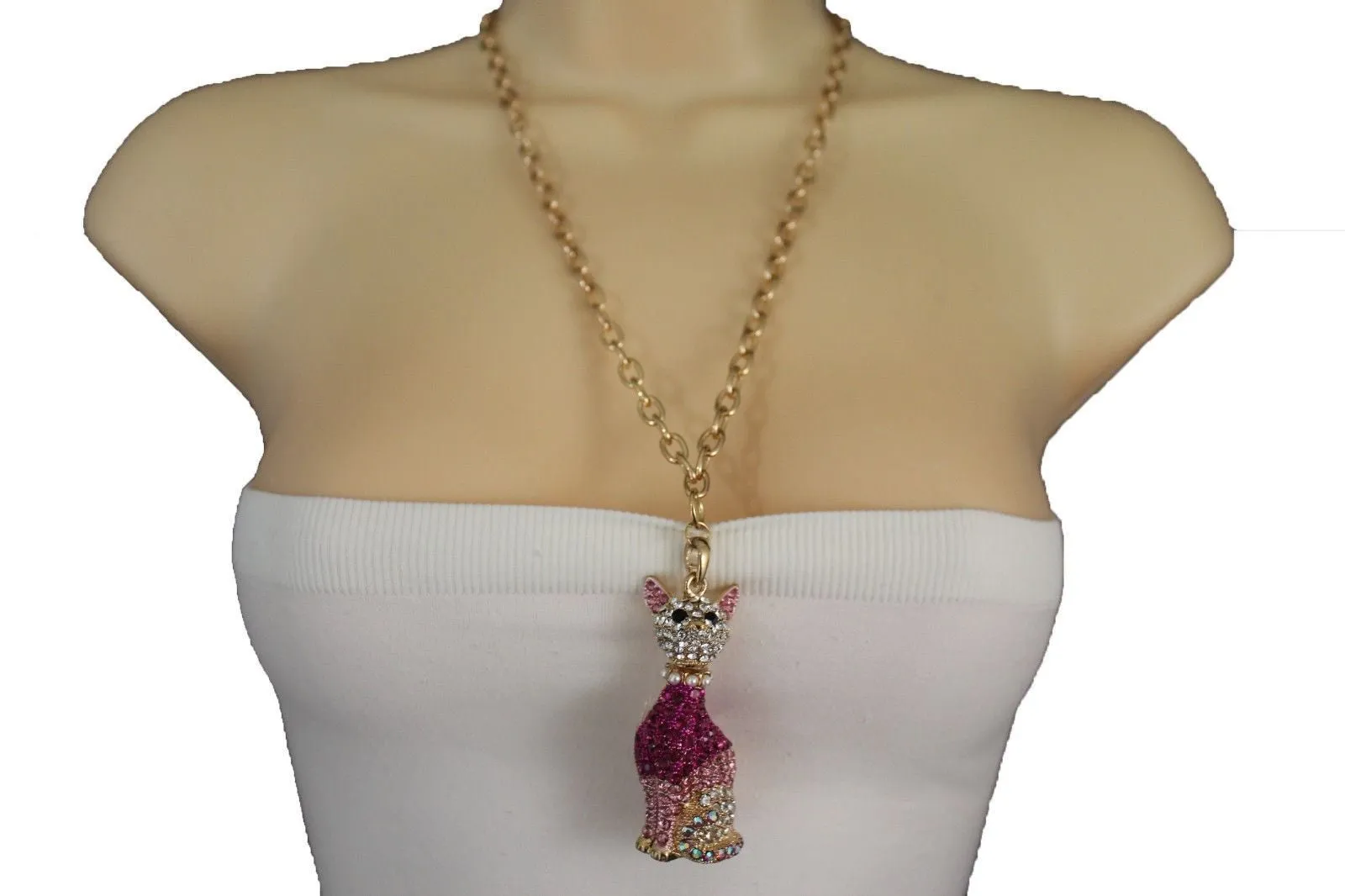 Gold Metal Chain Cute Pink House Cat Multi Rhinestones Pendant Long Necklace